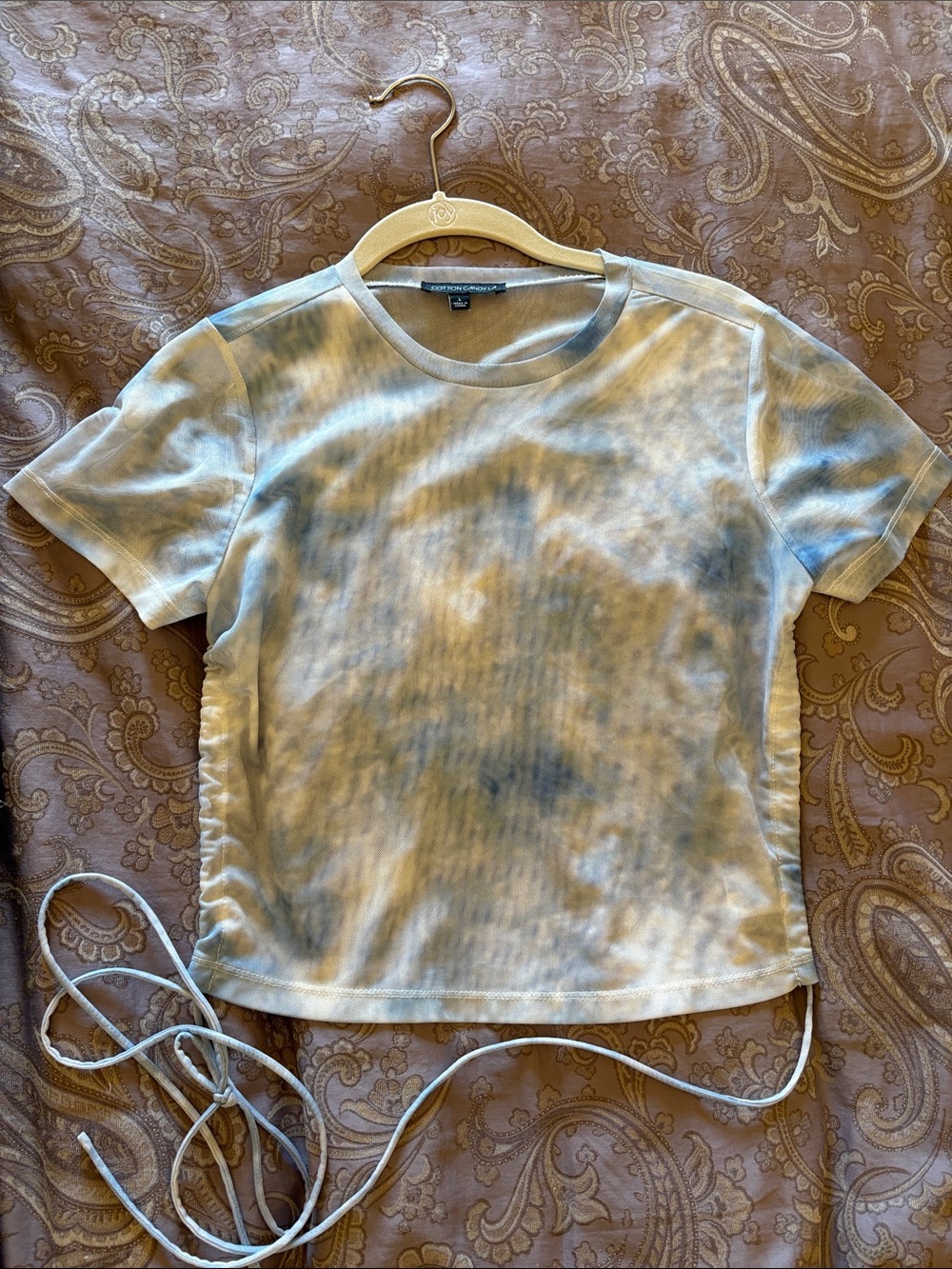 Cotton Candy LA Mesh Sheer Tie-Dye OPEN BACK Short Sleeve Tee in Light Blue